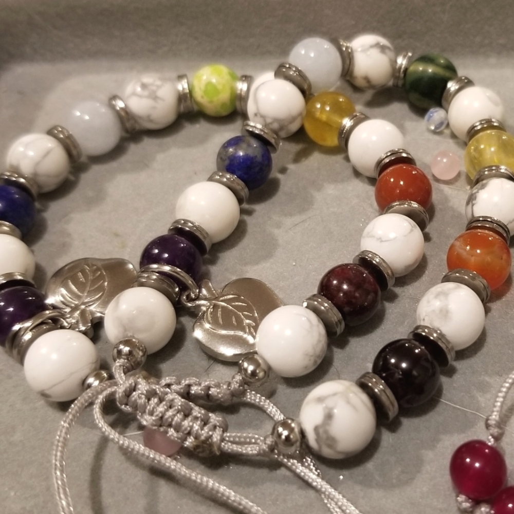 Multi-Gemstone Chakra Bracelet with Apple Charm, OS Adjustable - Picture 4 of 6